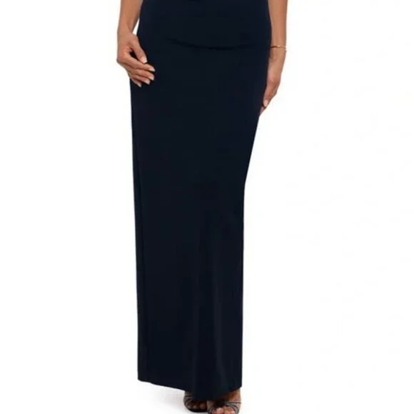 Xscape Navy Blue Ruffle Off the Shoulder Crepe Column Gown